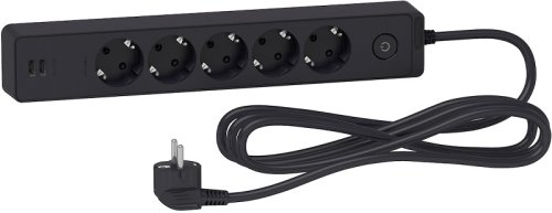 Удлинитель с заземлением с выключателем Schneider Electric 5-м+2USB тип A+A 3,0м 16А 3500Вт черный картинка 